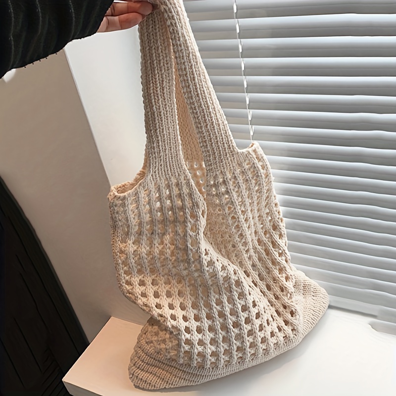 

1pc Bohemian Style Women's Knitted Tote Bag, Casual Fabric Shoulder Bag With Fixed Strap, Large Capacity, Non-close Design, Care Instructions: Not Washable