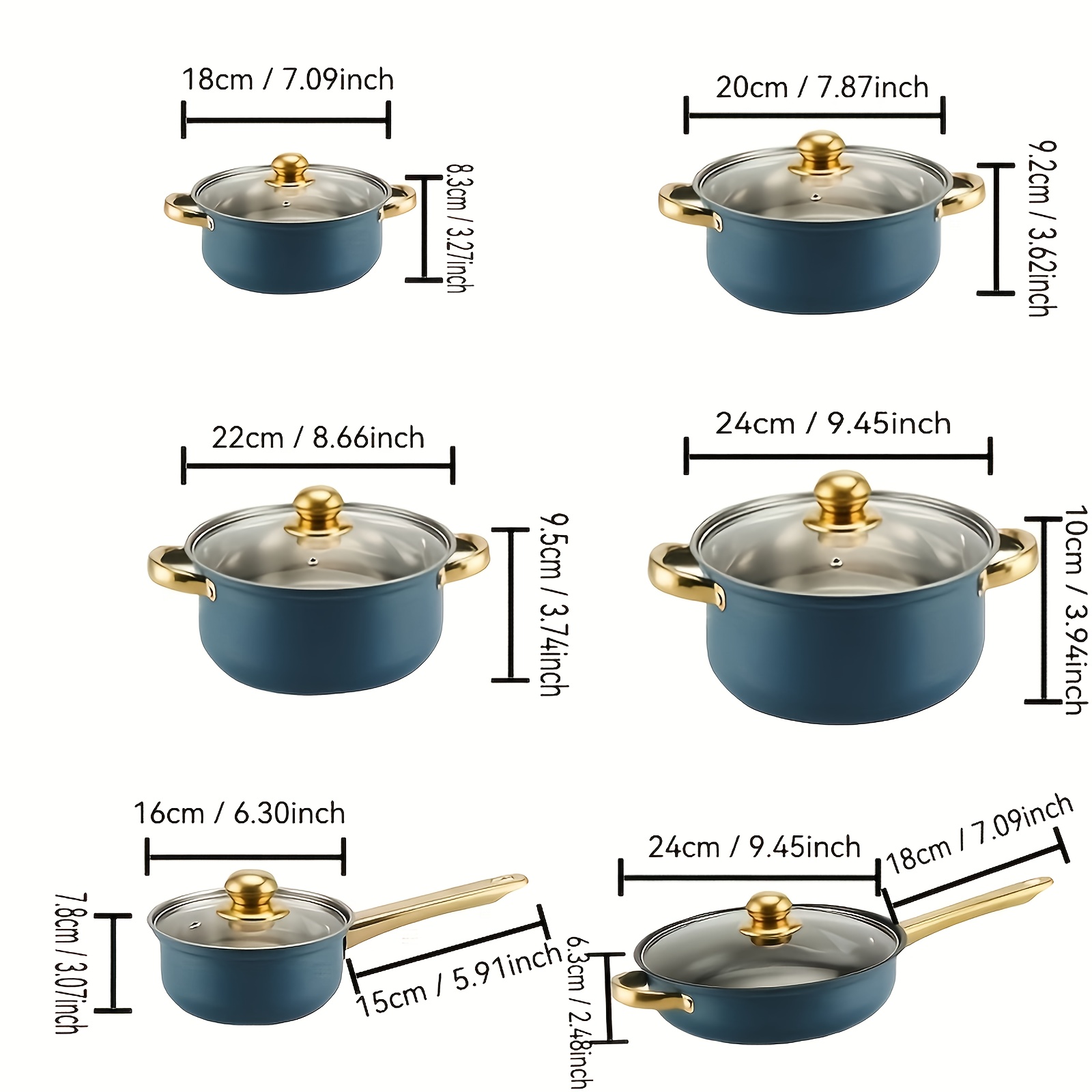 6pcs stainless steel cookware set blue lids   soup pots frying pans milk pots   essentials compatible with   stoves details 9