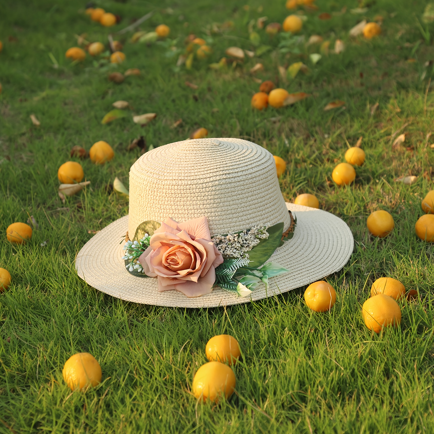 Elegant Faux Flower Straw Sun Hat Solid Color Simple Hats - Temu