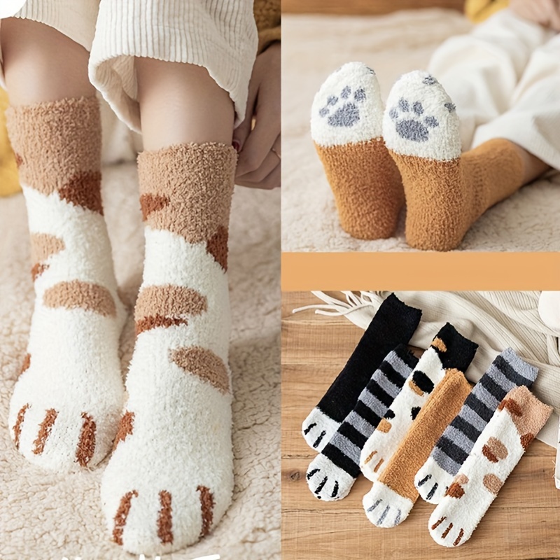 

6 Pairs Cute Cat Coral Fleece Socks, Winter Warm & Comfy Home Floor Fuzzy Socsk, Women's Stockings & Hosiery For Fall & Winter