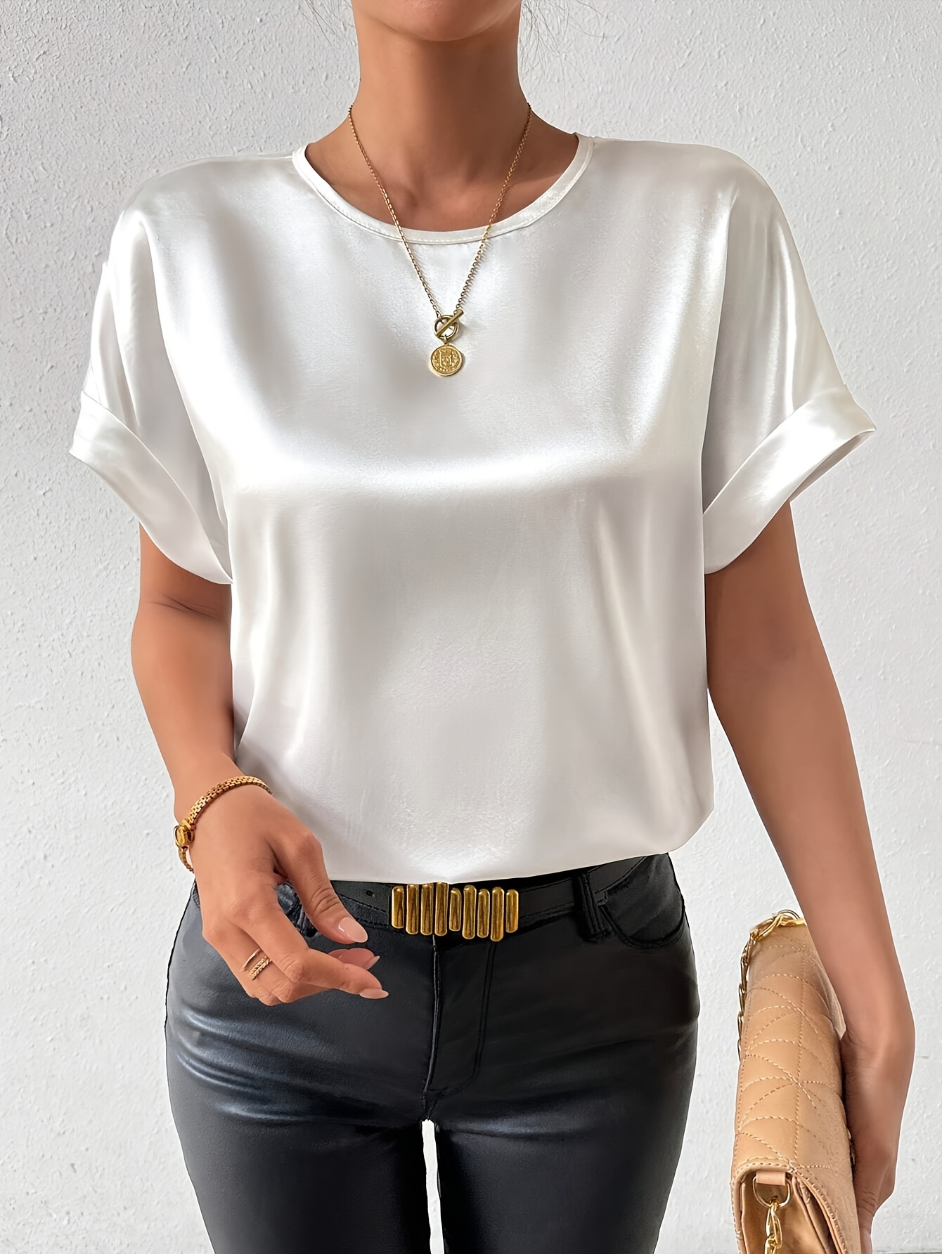 Women's Batwing Short Sleeve Round Neck Blouse - Elegant Solid Color Non-See-Through Shirt, Machine Washable Lightweight Top for Spring Summer Fall, Versatile Casual & Formal Wear, Seasonal Fashion, Sophisticated Casual, Nonseethrough Fabric