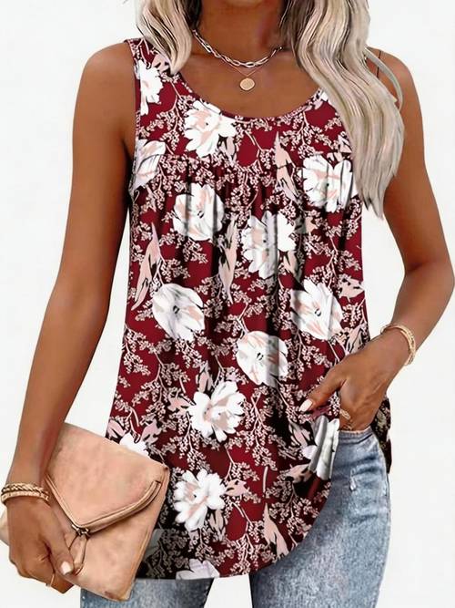 plus size - mărimi mari - bluză elegantă de damă cu imprimeu floral, cu bust ruchat - top de vară stil vestă cu guler rotund, design cu model negru albastru, lavabilă la mașină, croială regular fit, cămașă casual sau formală, bluză vestă, detaliu decorativ pentru bust