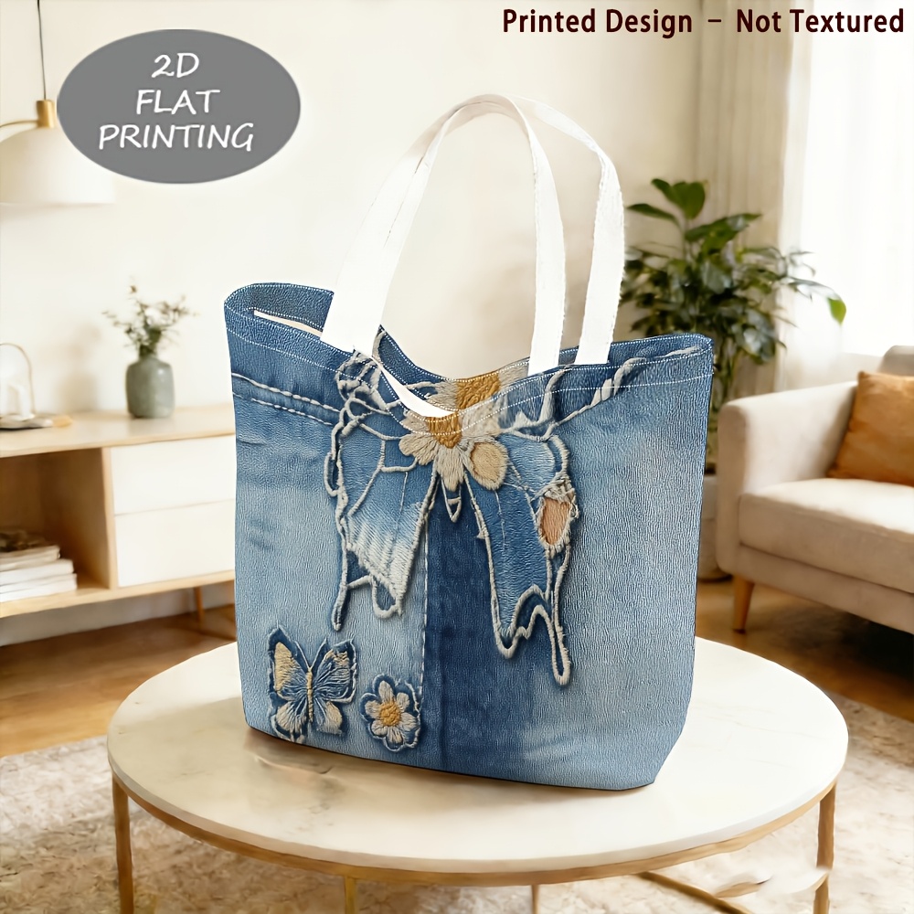 TEMU 1pc, Women's Shoulder Bag, [printed Design – Not Textured] 2d Flat Floral Cowboy-themed Printed Pattern Shopping Bag, Exquisite Women's Shoulder