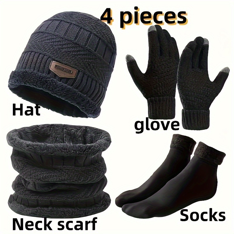 

4pcs Winter Kit For Men - Polyester Woven Hats, Gloves & Socks Set - Sporty Style, Non-slip, Thermal Protection For Outdoor Activities