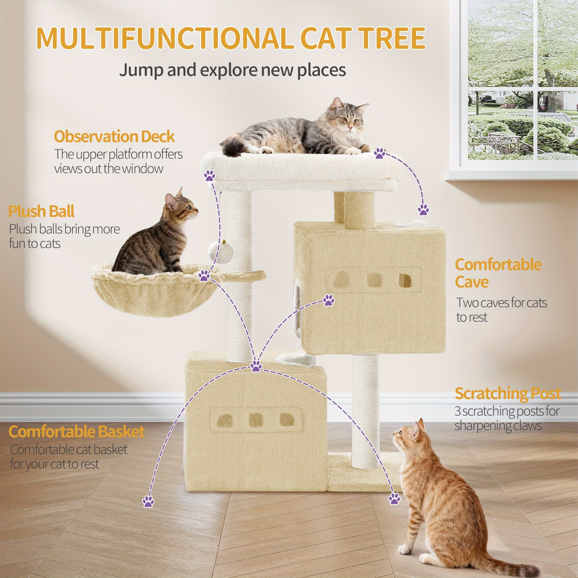Image of 75 Cm Sturdy Cat Tower With Scratching Post, Spacious Resting Area, Cat Cave, Sisal-covered Posts, Basket, Plush Balls, And In Beige, Dark Gray, And Light Gray
