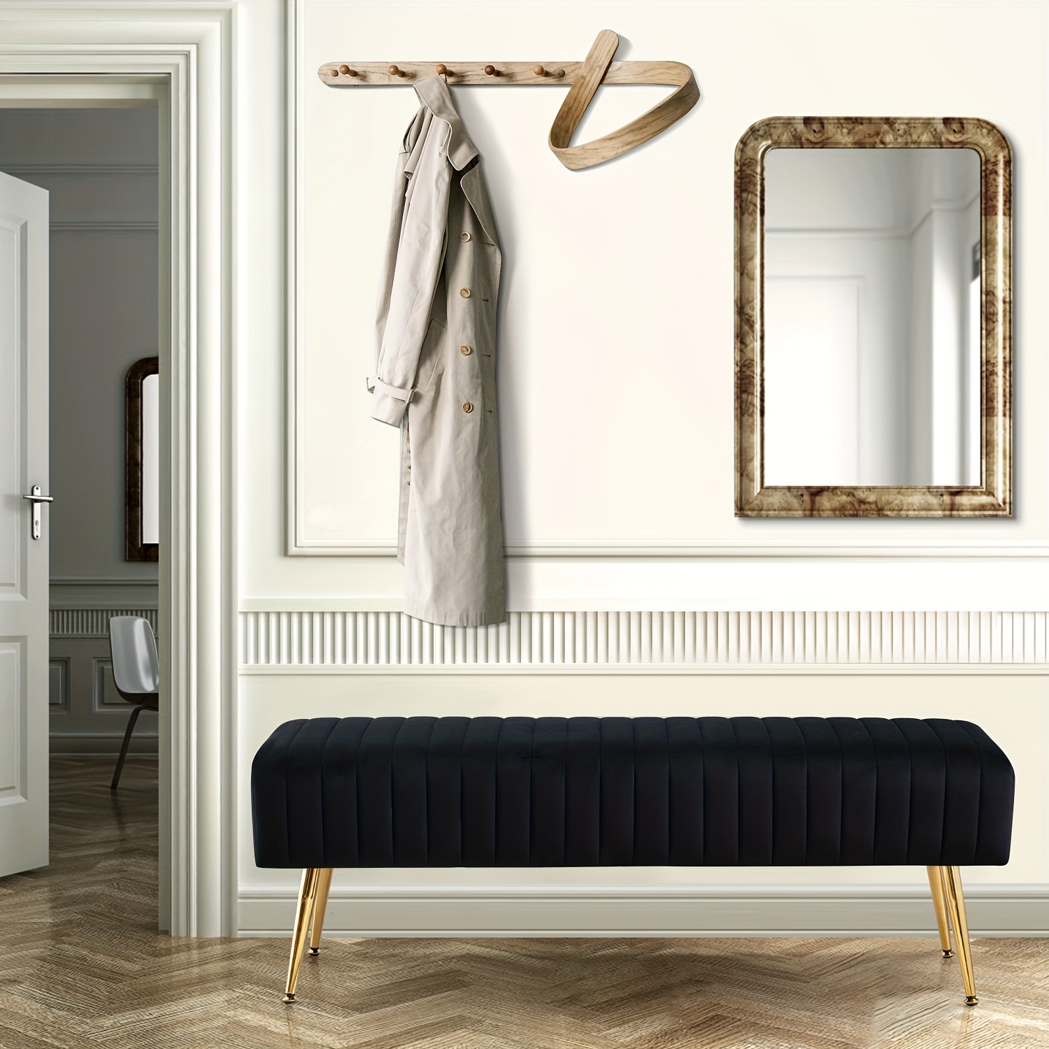 

Shoe Changing Bench With Gold-plated Legs And Velvet Material, 44 Inches, Used In The Bedroom, At Of The Bed, And At The Entrance Door