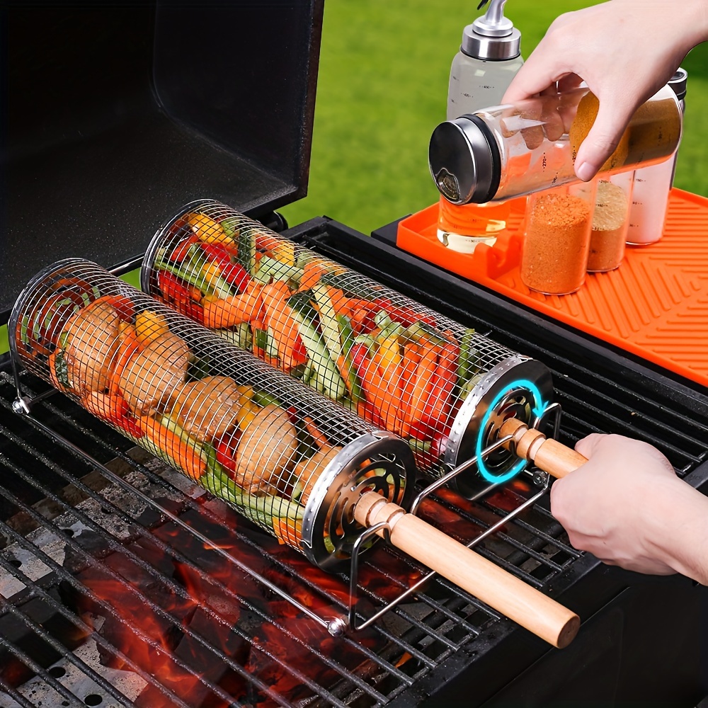 

2pcs Stainless Steel Bbq Grill Baskets With Wooden Handles - Vegetables & Shrimp, Ideal Outdoor Cooking Accessories & Gift Set