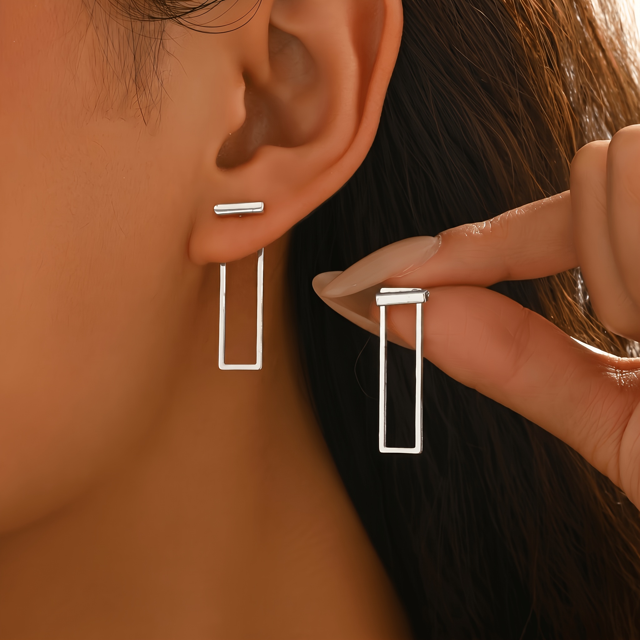 TEMU 1 Pair Of Middle Eastern Spring/summer Women's And Back Stainless Steel Stud Earrings, Simple Geometric Earrings With A Rectangular , For Daily