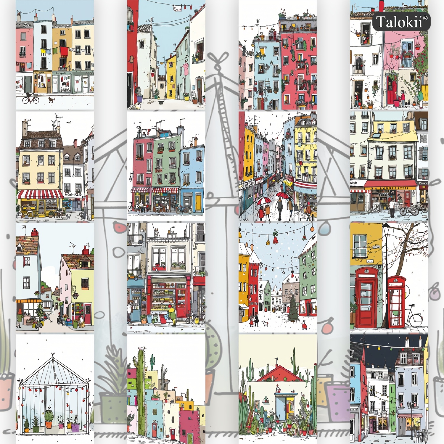 TEMU 16-pack Whimsical City Street Postcards, 10×14cm (. 4×6 Inch) Colorful European Town & Balcony Illustration Cards For Journaling, Scrapbooking,