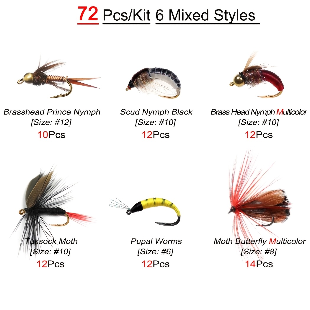 TEMU Ensemble de de pêche à 30/72pcs, appât artificiel sec avec boîte à , nymphéon , appâts de pêche à la chenille, matériau artificiel en plume et