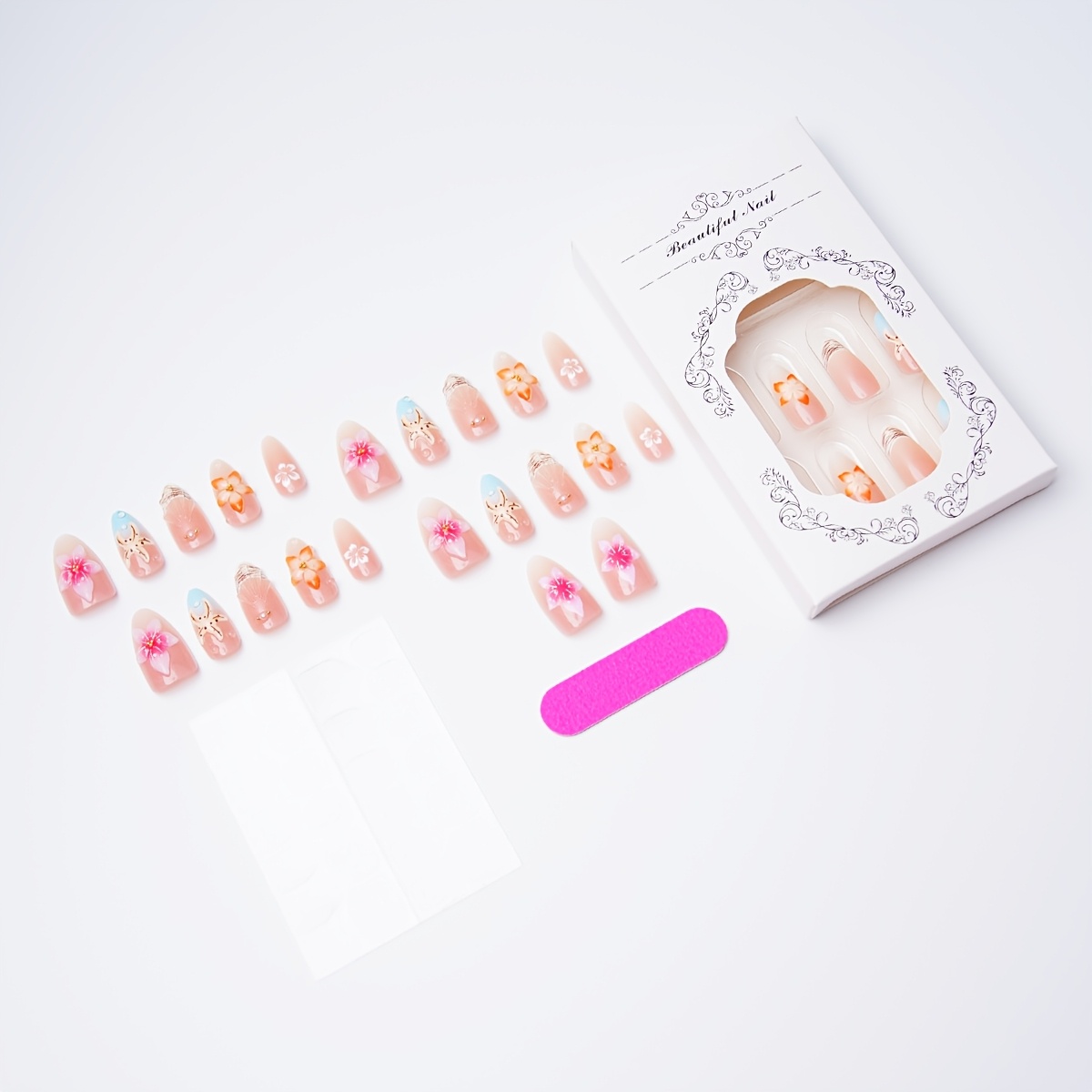 TEMU 30pcs Beachy Ocean Press On Nails, Almond Shape Fake Nails With 3d Starfish & Seashell Floral Designs, Glossy Full Cover False Nails With &