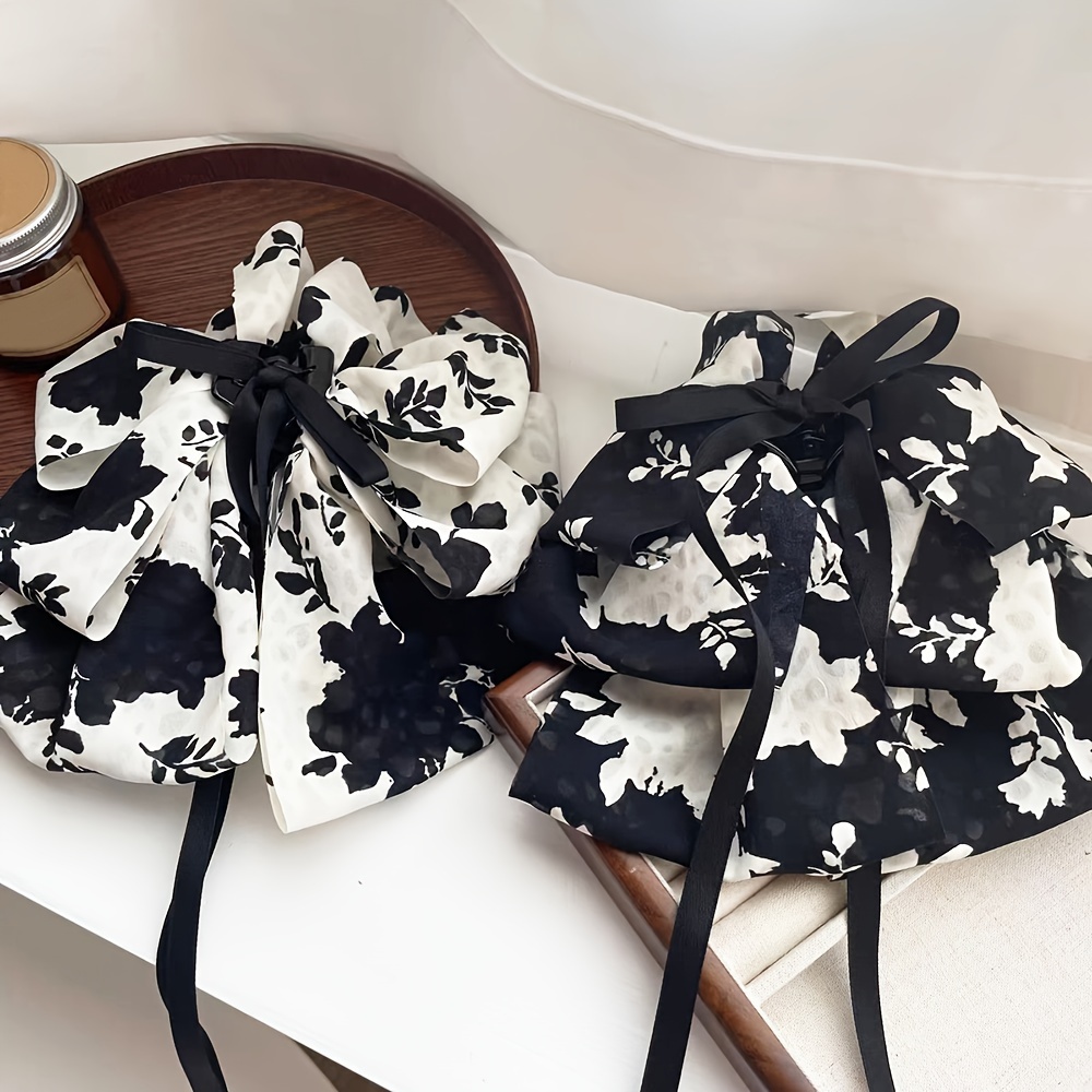 

Elegant Vintage-inspired Floral Bow Hair Claw With Ribbon - Large, Fabric, Perfect For Daily Wear & Updos