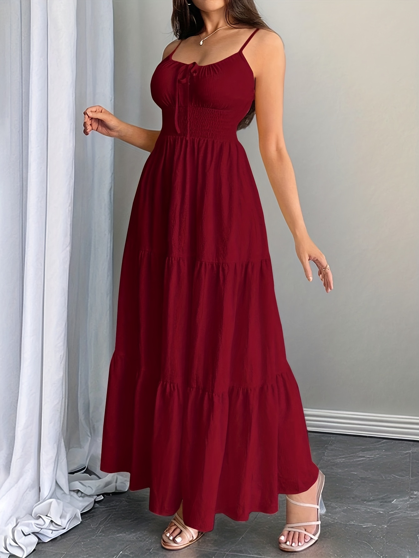 navy blue dress for baby girl Pleated Long Sleeve Surplice Maxi Dress Brown / S main image 0