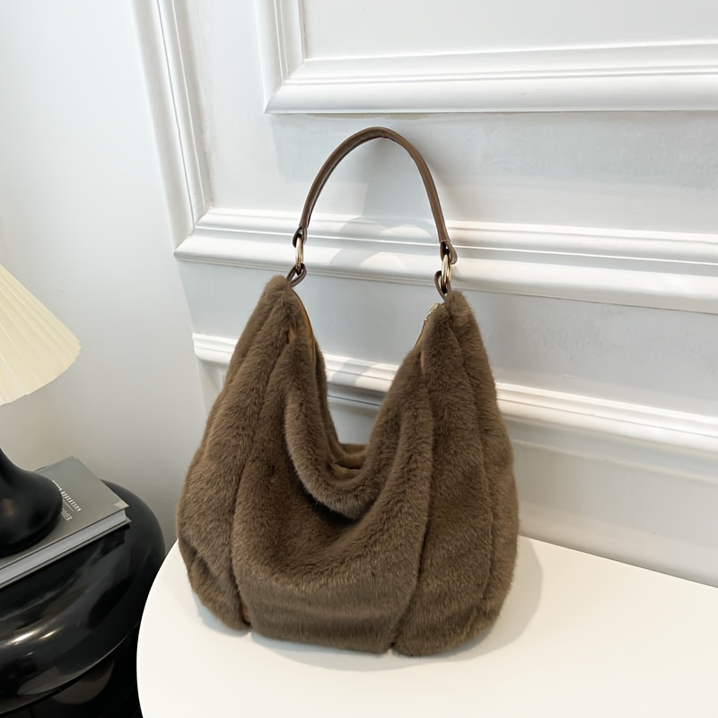New Large Capacity Plush Bag, Fur Solid Color Light Luxury Tote Bag, Niche Design Shoulder Bag, Fresh Cute Gift For Women, Valentine's Day Christmas Thanksgiving Birthday Gift