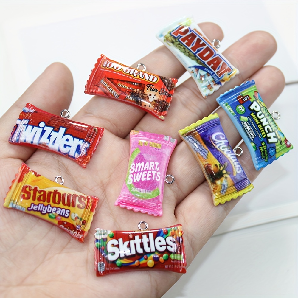

12pcs/pack Miniature Candy Chocolate Snack Bag Charms, Funny Simulation Snack Resin Pendant For Jewelry Making And Crafting, Assorted Classic Treat Designs