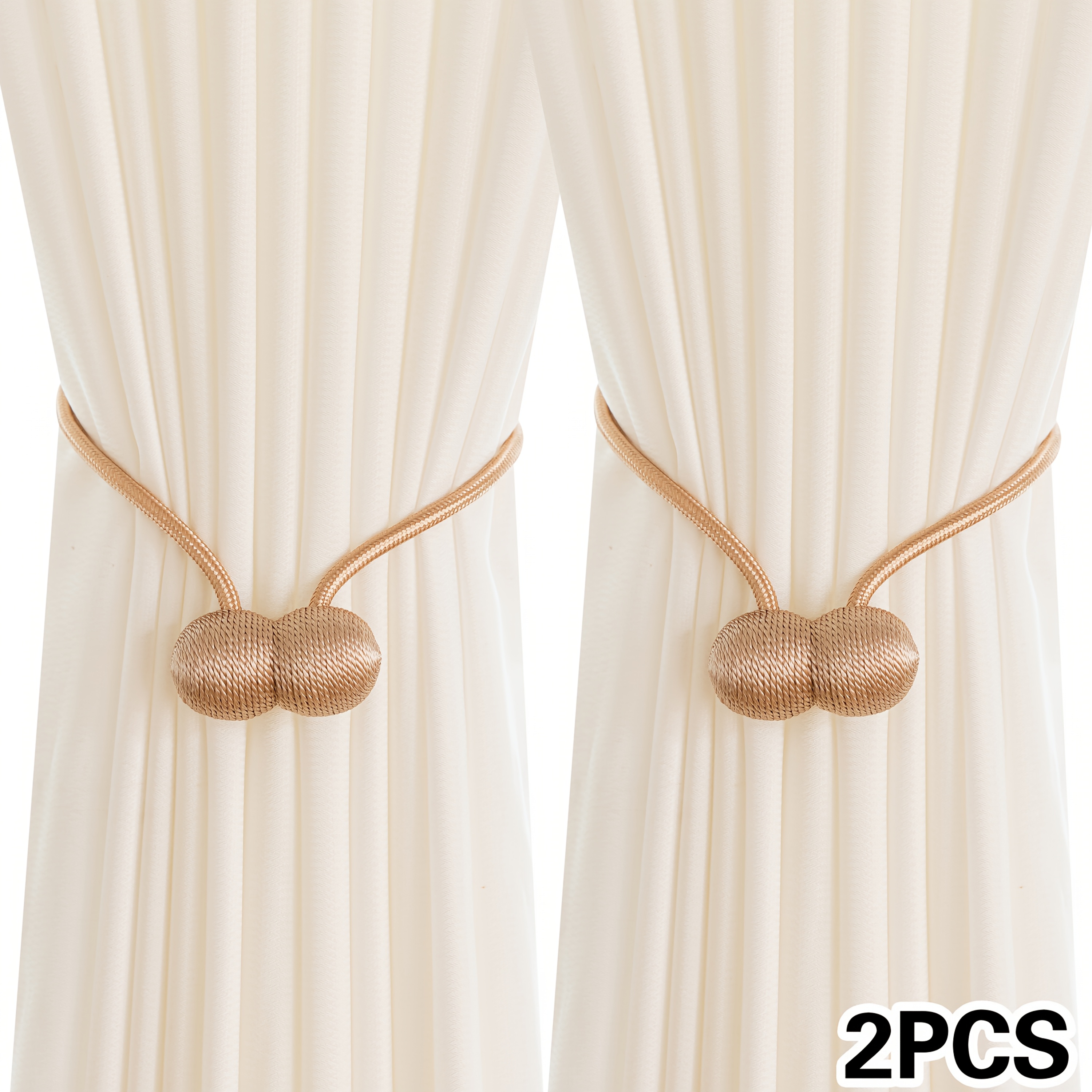 A Set of Two Modern Minimalist Magnetic Curtain Ties Is on, Featuring Thicker Twisted Ropes And Flexible Magnetic Ties. They Are Durable, Easy to Install, And Do Not Require Drilling, Making Them Perfect for Bedroom And Living Room Decor