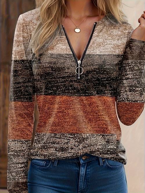 womens long sleeve color block v neck top with half zipper casual stretch knit henley shirt in washable