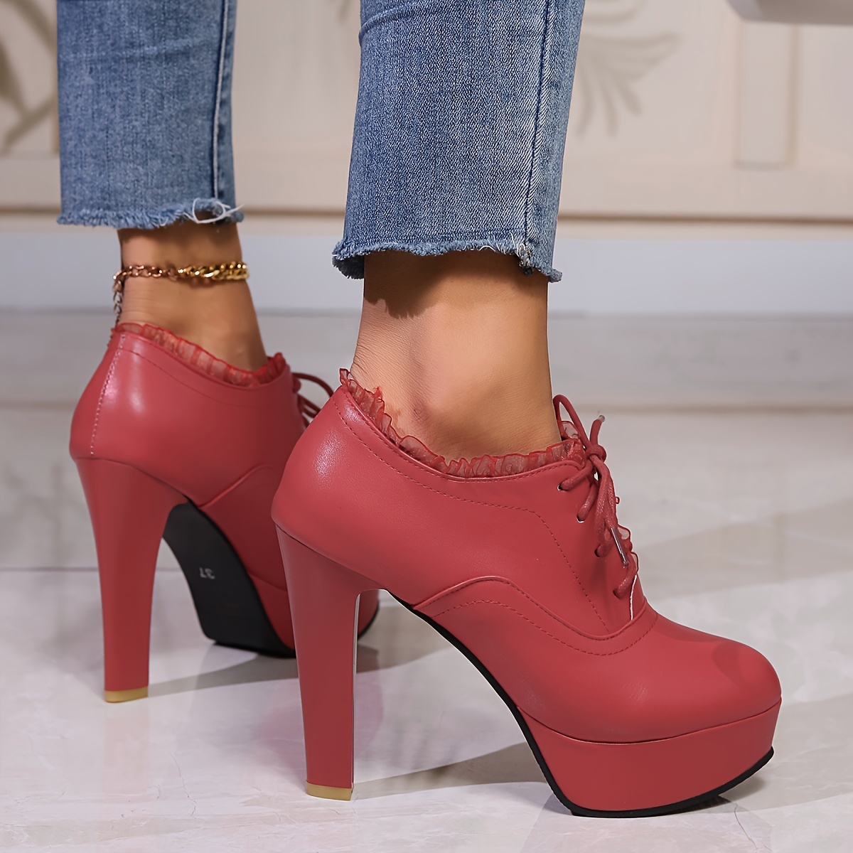 Women s Lace Trim High Heels Solid Lace Up Ankle Boots Pumps