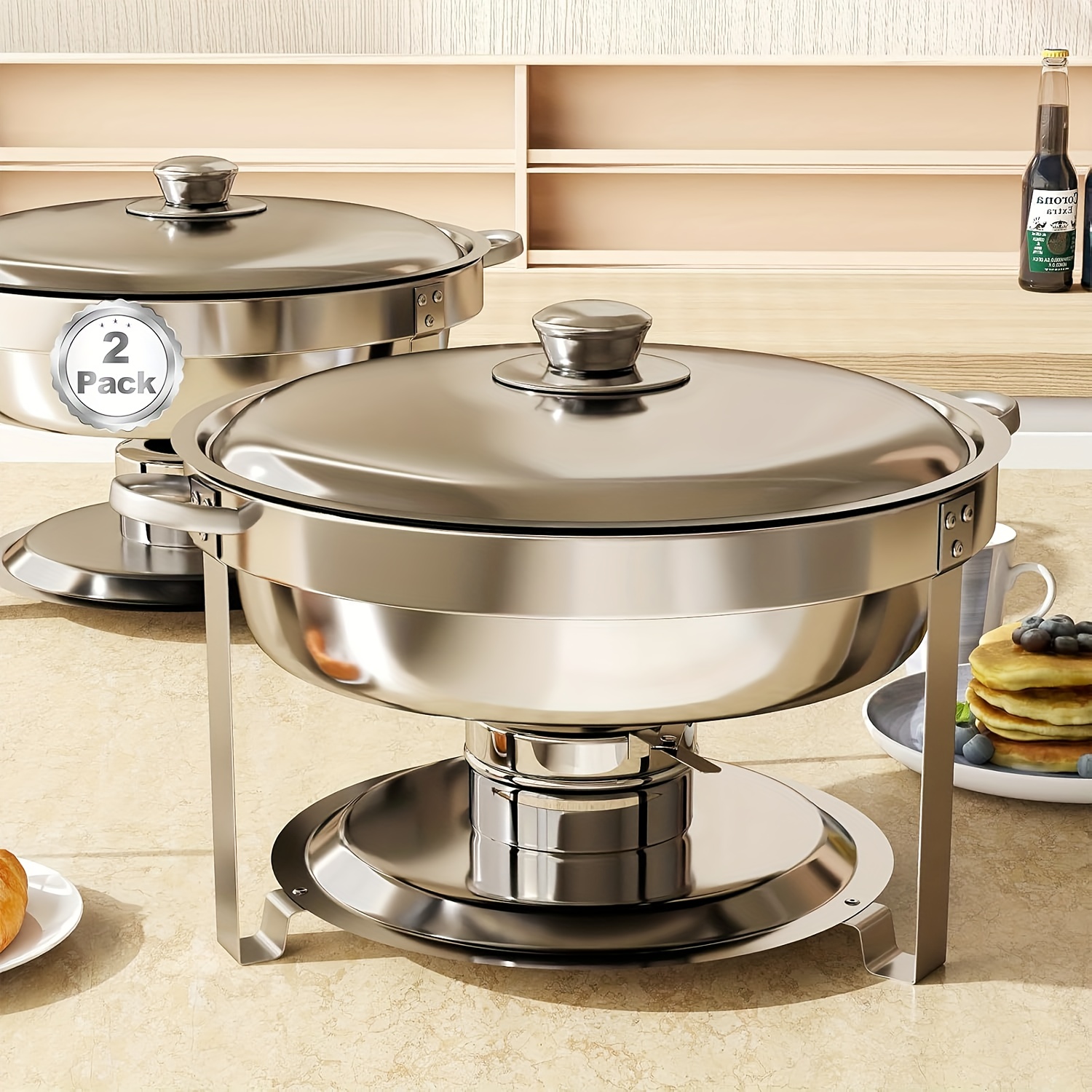 Image of 5qt 2/4 Chafing Dishes For Buffet, Round Chafing Dish Buffet Set, 408 Stainless Steel Buffet Food Warmers Sets For Catering Events Parties Dinners With Complete Set, Silvery, Cooking