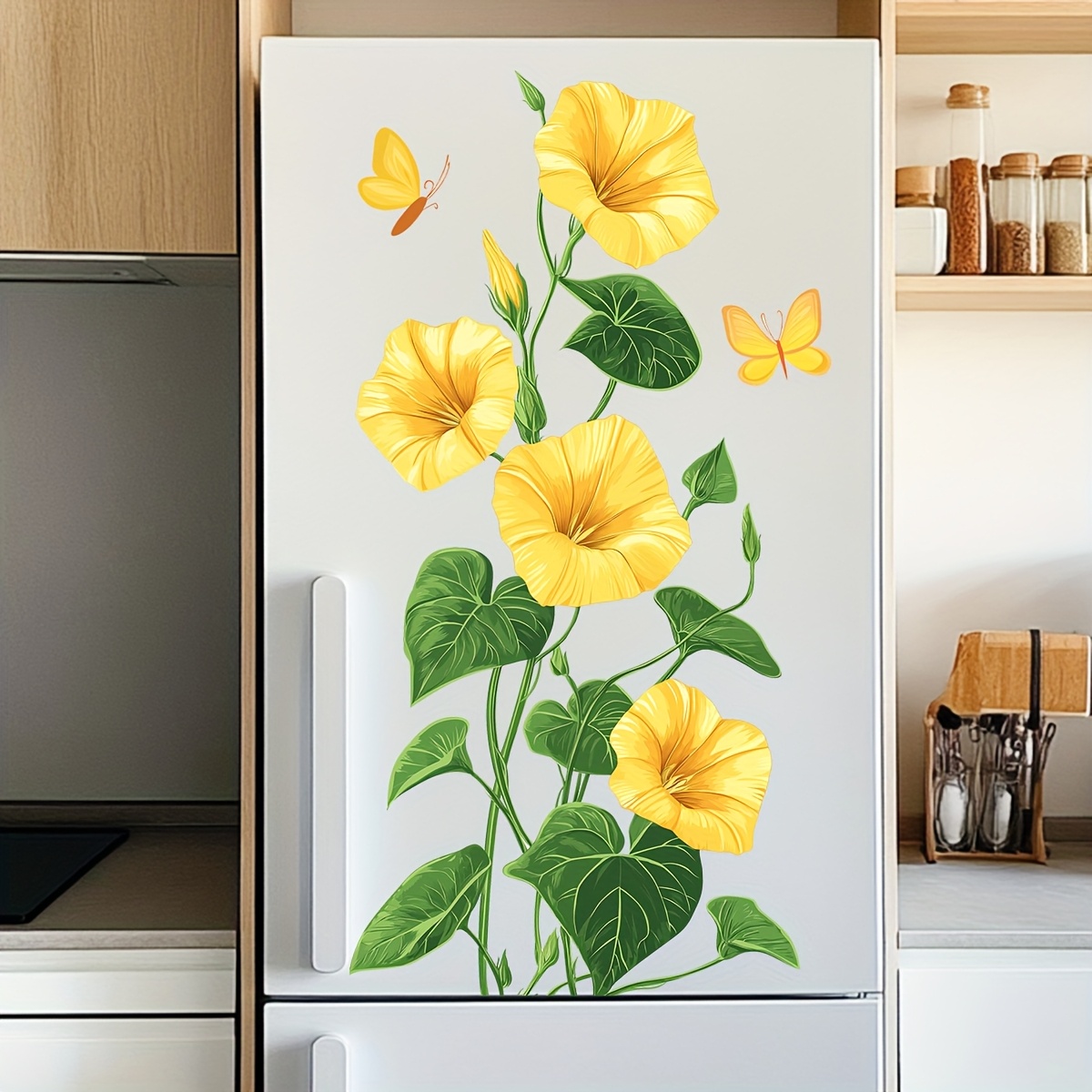 1  leaf yellow trumpet flower wall sticker kitchen refrigerator cabinet wall decal fridge door wall sticker