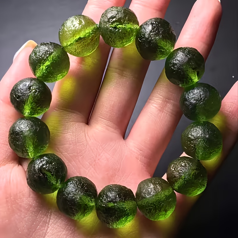 TEMU 1 Czech Laser-cut Green Meteorite Bead Bracelet, Unisex Design