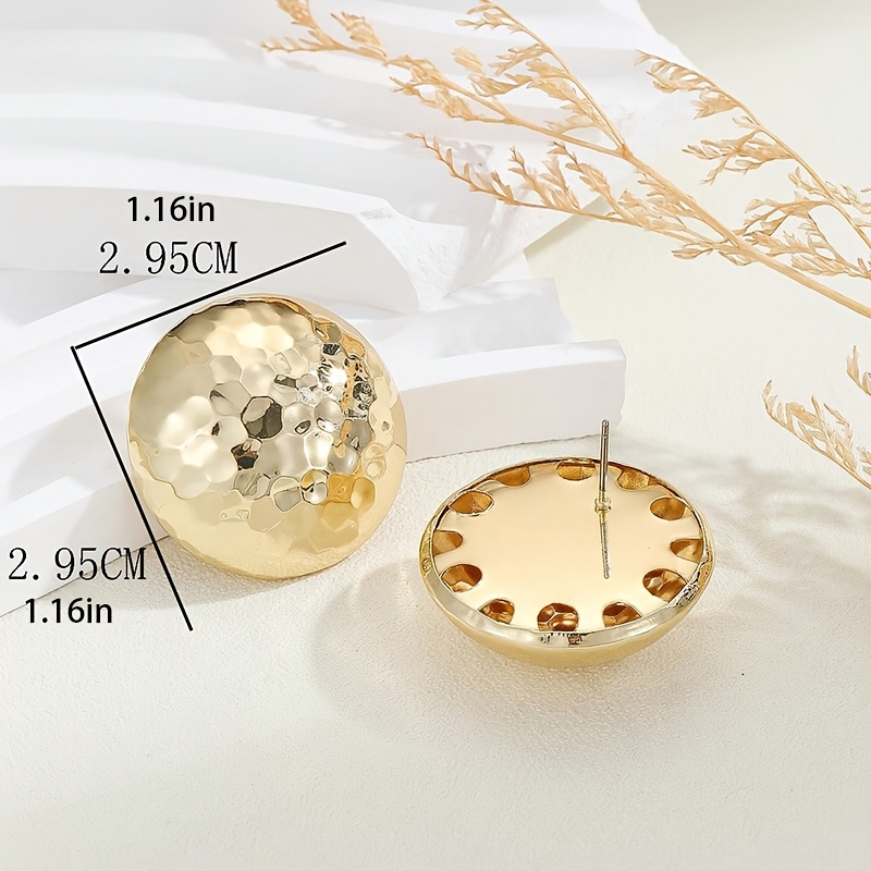 Hammered Metal Half Sphere Stud Earrings Golden Textured Iron Material