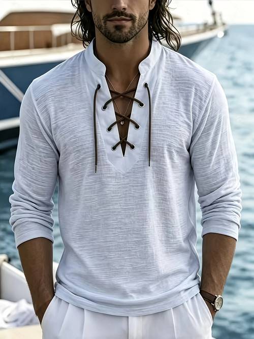 imagen del artículo camiseta henley de punto de moda para hombre con cuello , cordón y larga