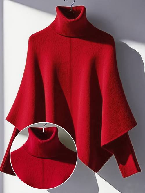 Women S Elegant Sweater - Rich Red, Batwing Sleeves, High Neck Pullover Sweater for Fall/Winter, Formal & Everyday Chic Outfits - Women S Sweater Sweater, Sweater, Winter Wardrobe, Sophisticated Style, Textured Fabric, Fall Fashion, Cozy Material, Stylish Top, Office Wear
