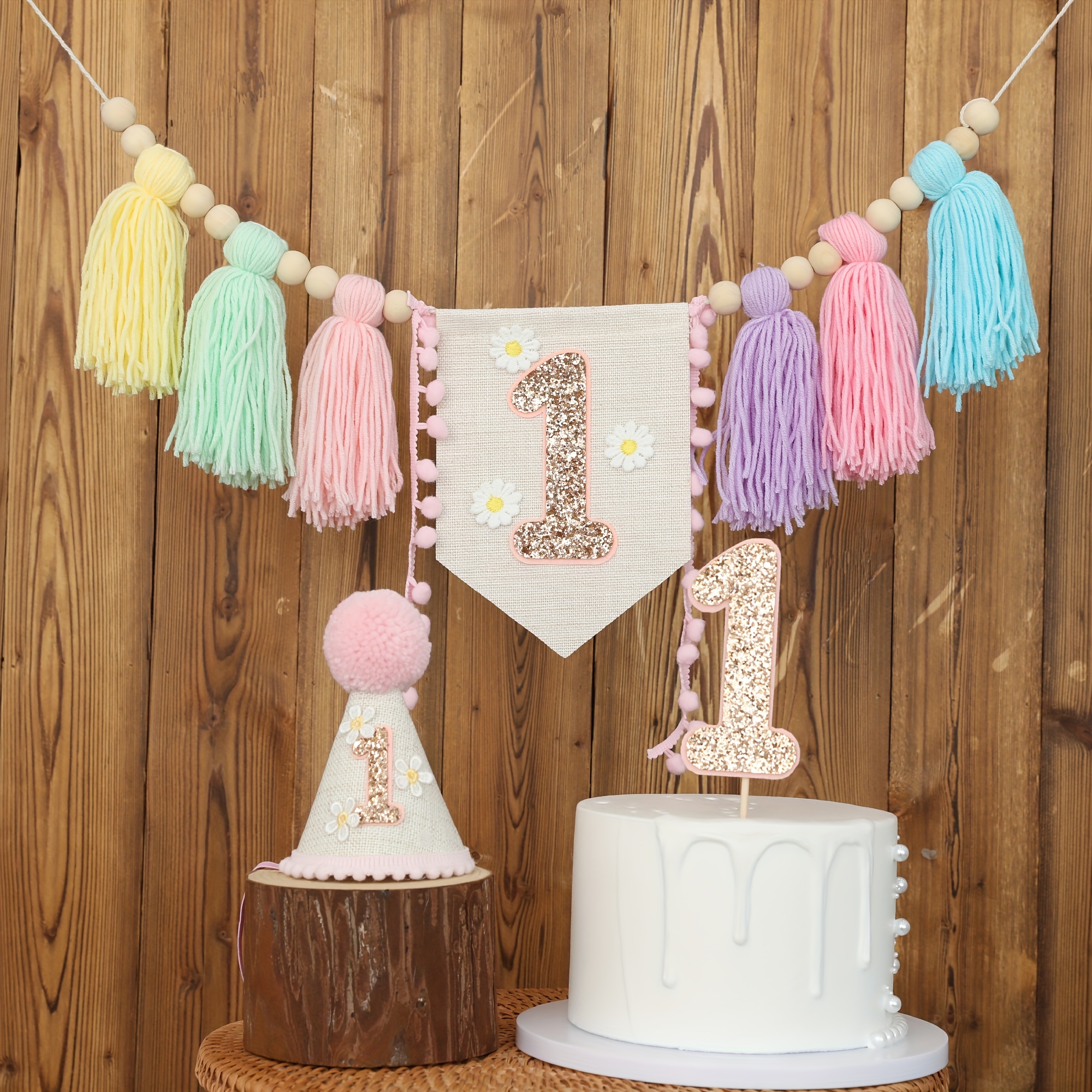 Macaron Daisy Birthday Party Set: * a Macaron Daisy Banner, a Floral Birthday Hat, And a Shiny Cake Decoration, * Birthday Party Decor And Photo Props.