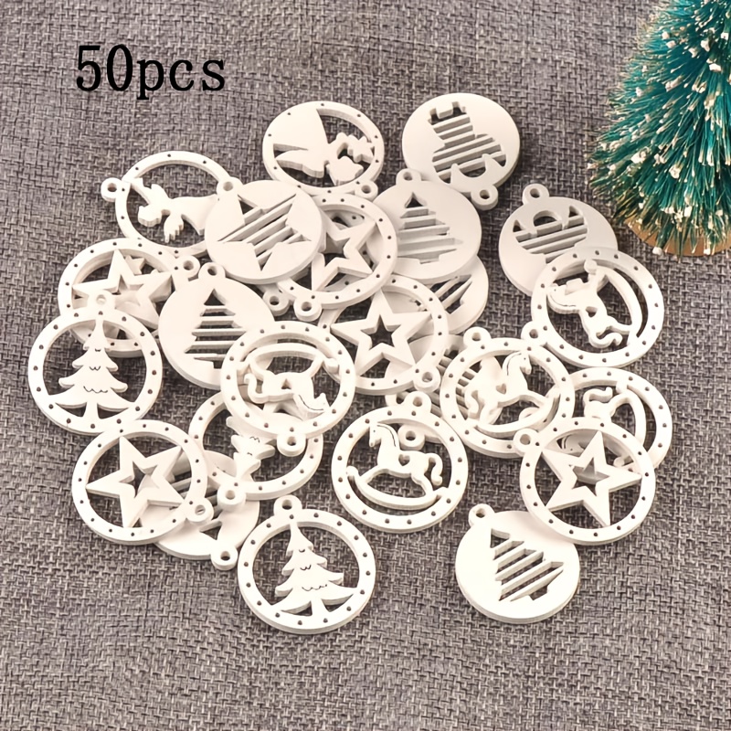 Image of 50pcs 3cm X 3cm . White Round Rings Christmas Tree Reindeer Patterns Random Mixed Hollow Wooden Pieces Handmade Creative Ornaments Hanging Decorations Suitable For Christmas Holiday Decor