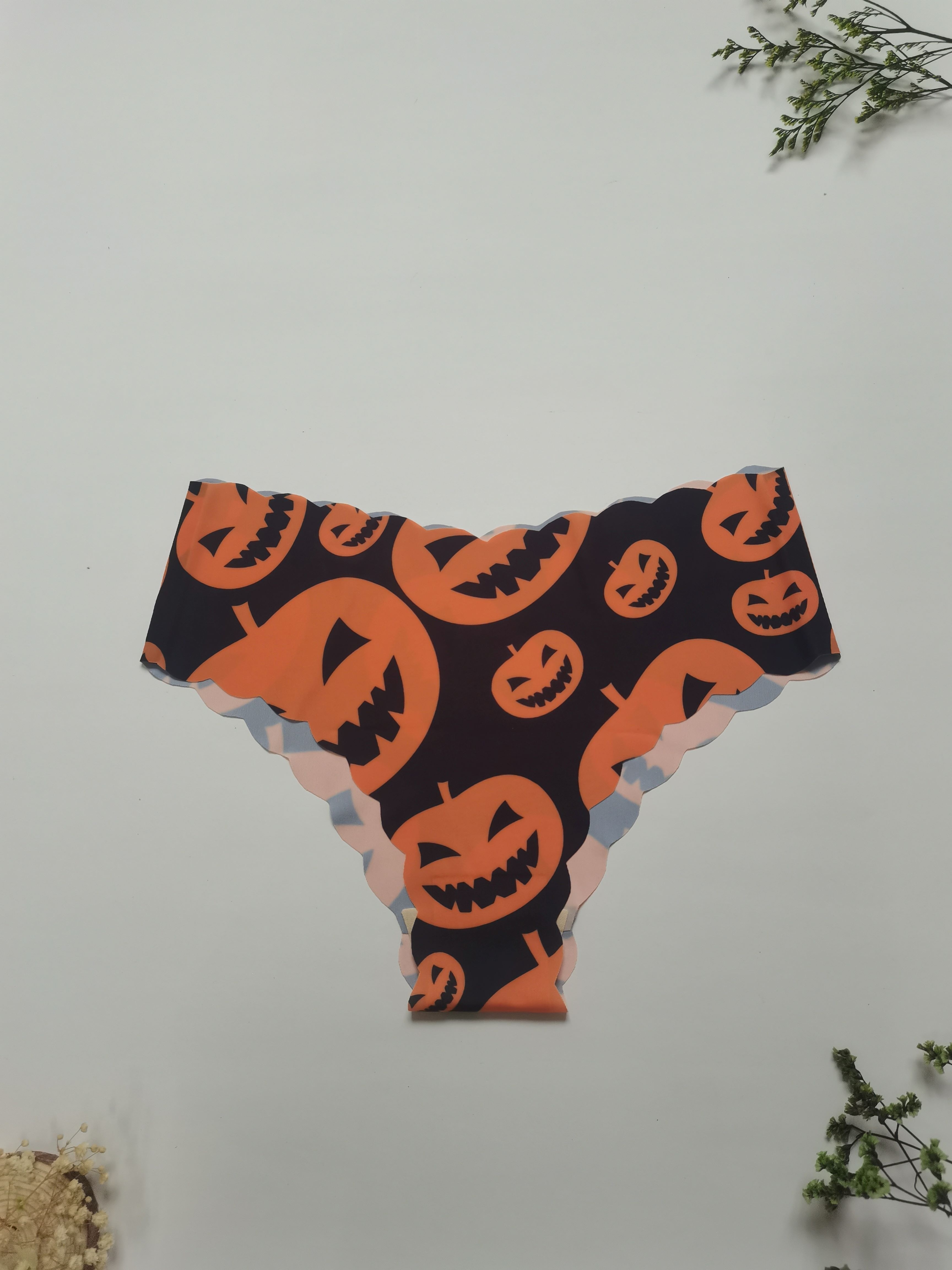 Pumpkin Print Bra & Panties, Halloween Seamless Wireless Bra & Scallop Trim  Panties Lingerie Set, Women's Lingerie & Underwear