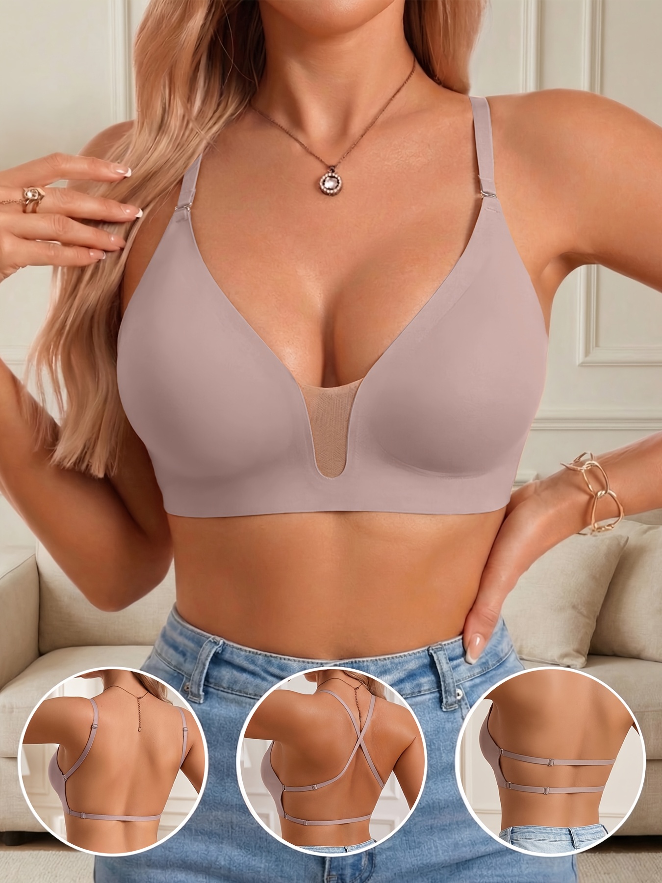 1pc womens versatile seamless deep plunge bra multi way wear matching off shoulder and backless casual   lingerie