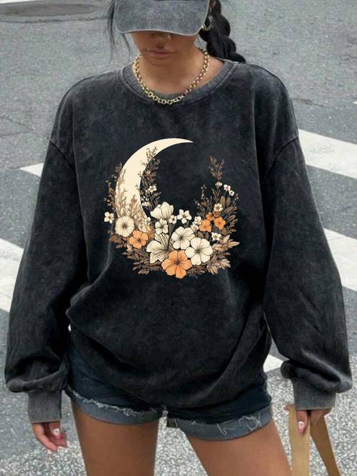 flower printed casual womens washed round neck hoodie for autumn and winter womens clothing