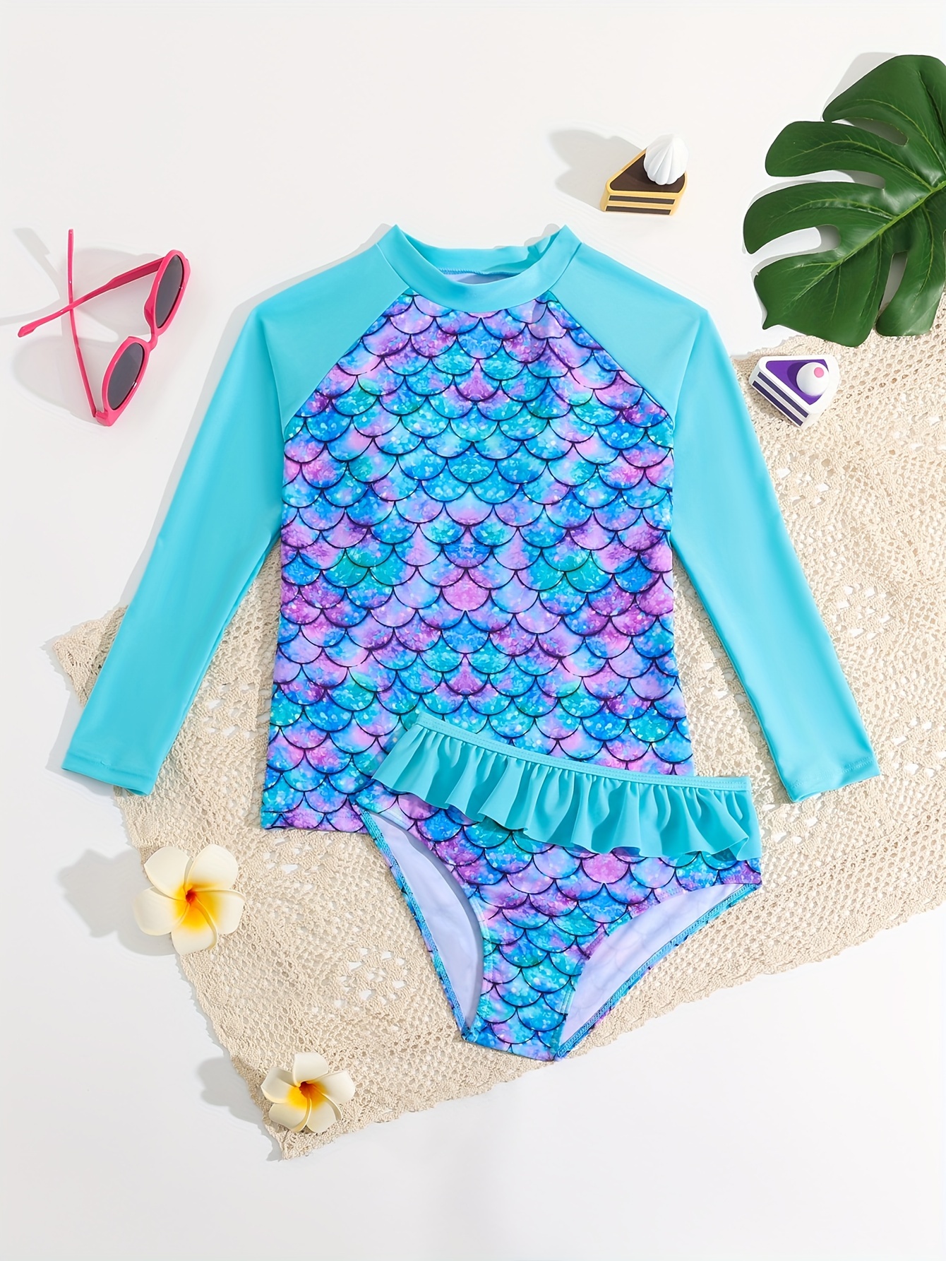 girls mermaid scale long sleeve swimsuit ruffle trim sun Temu