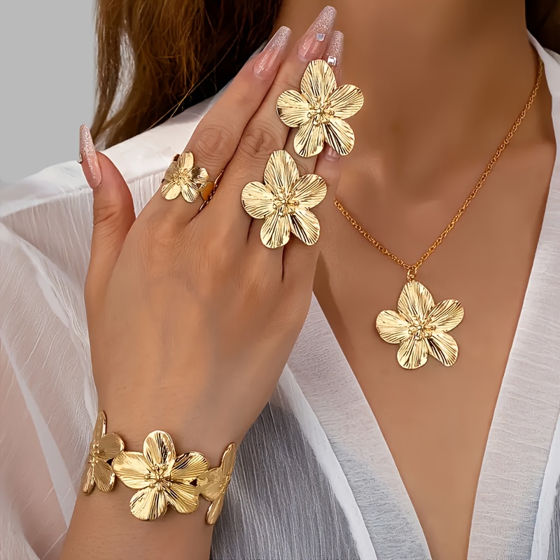 Fashionable Classic Floral Jewelry Set - A 5pcs Combination Of Flower Earrings, Rings, Bracelets, And Necklaces, Suitable For Everyday Wear And Gift-, Without Plating - Perfect For