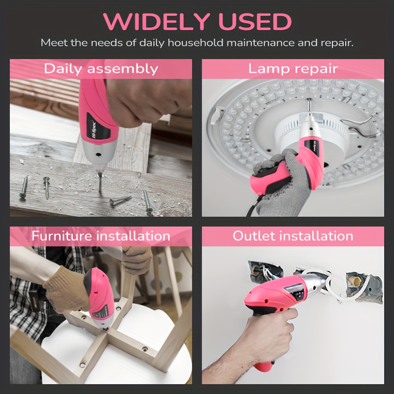 hi 6v electric screwdriver in pink a usb rechargeable lithium battery handheld tool kit portable and in multiple colors suitable for home the kit a claw hammer screwdrivers drill bits Product details 7