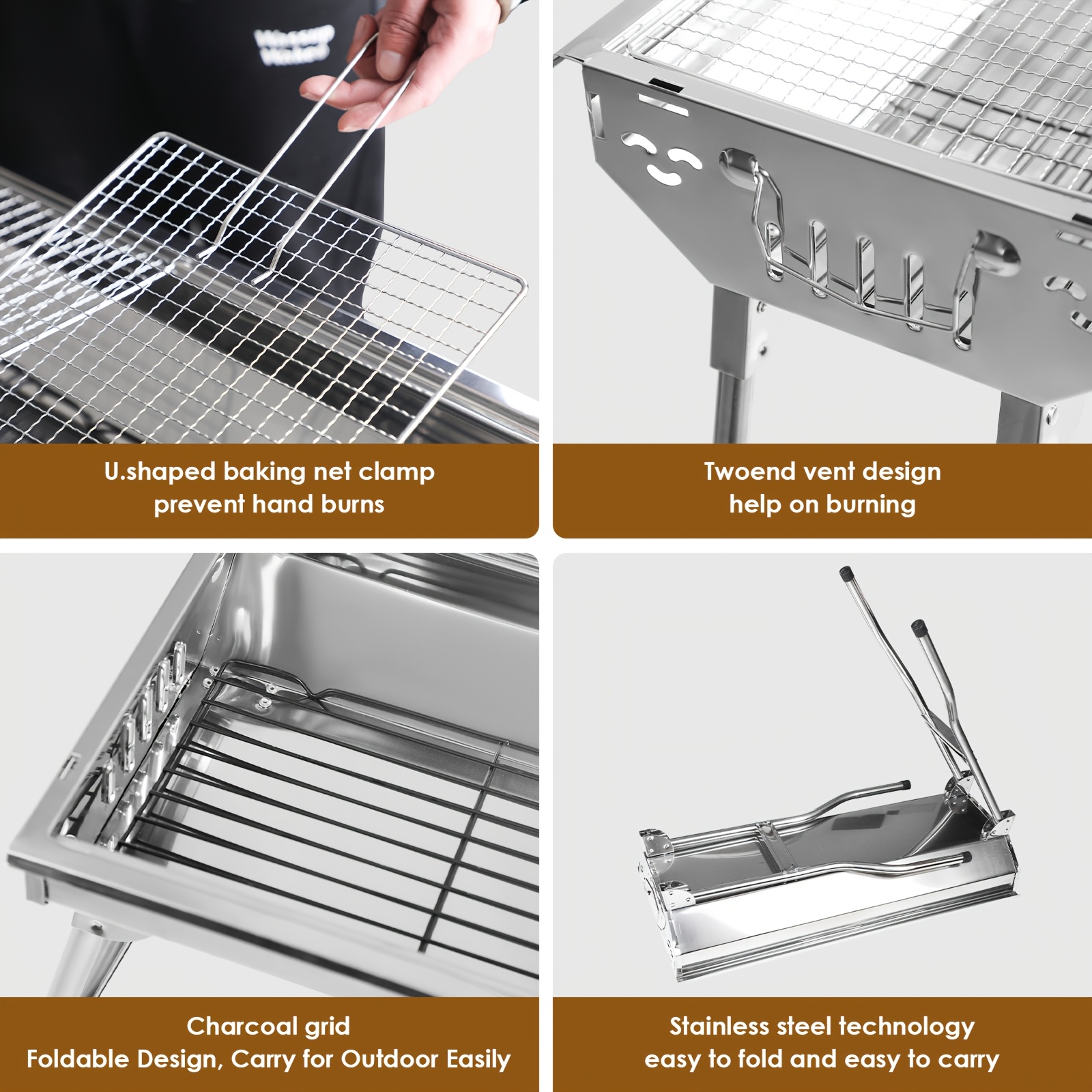 [Portable | Stainless Steel] Portable Stainless Steel Folding Barbecue Grill | Comes With A Barbecue Tool Set, Including Forks, Shovels, And Tongs | The Large Charcoal Grill Features Side Tables And A Condiment Storage Basket, Ideal For Outdoor Cooking, Camping, And Picnics