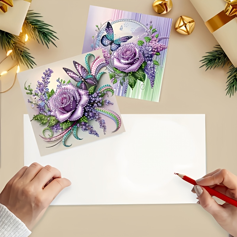 TEMU 6pcs Diy Diamond Painting Foldable Greeting Cards, Diy Blank Flower Writing Cards, Suitable For , Holiday Greetings, Friendship, Anniversaries,