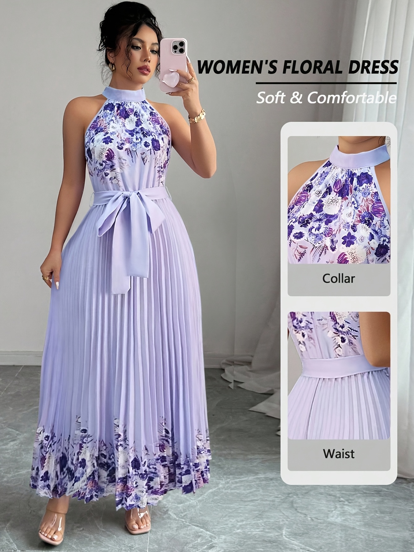 Fashionable New Women'S Summer Halter Floral Print Pleated Dress