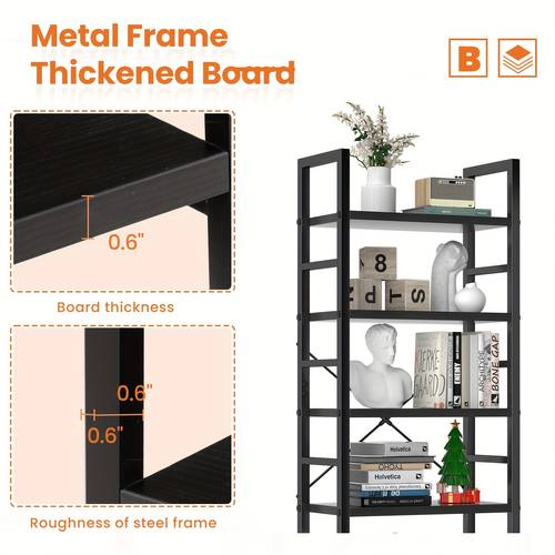 1pc 5 tiers bookshelf vintage storage rack with open shelves in living room home metal frame display rack books holder organizer for books