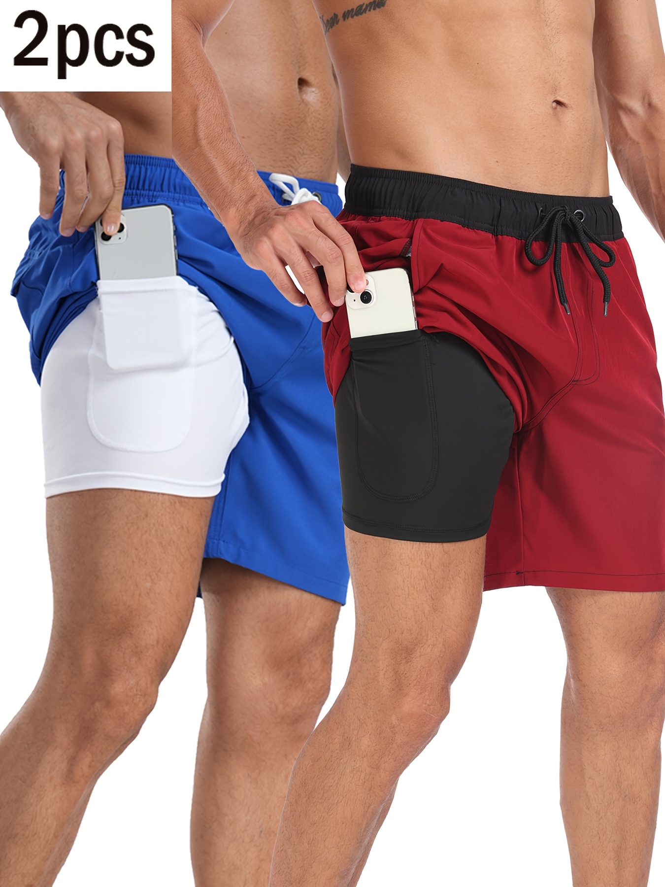 Set of 2 Men'S Casual Sports Shorts, Solid Color Double-Layer Beach Shorts for Fitness, Basketball, And Volleyball
