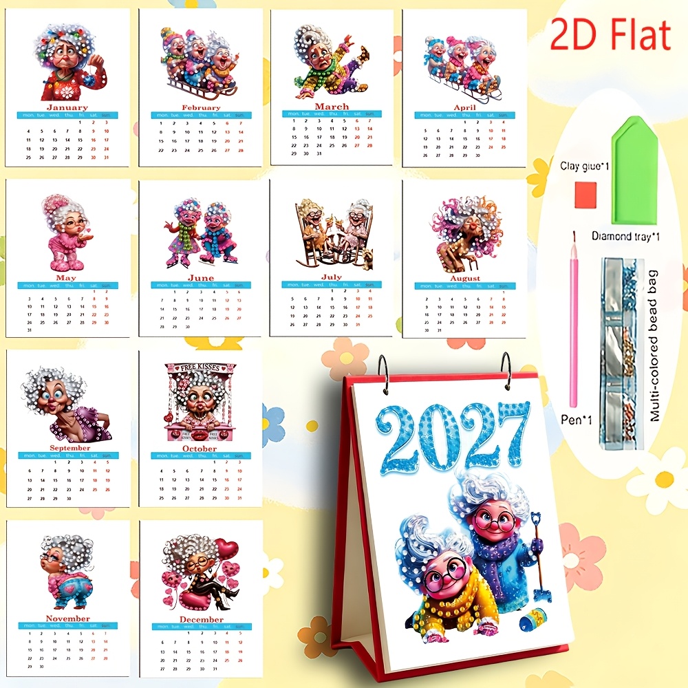 TEMU 1 Set 2027 2d Cute Grandma Series Diamond Painting Holiday Series Pattern Calendar, Desktop Calendar, Desk Calendar, Office Calendar Creative