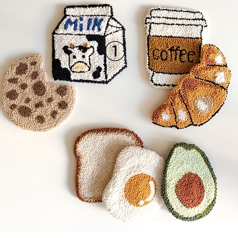 

1 Set Food-themed Punch Needle Coaster Kit, Diy Embroidery Tufted Pads With Felt Yarns, Needle Punch Craft Set For Beginners, , Gift Idea With Pattern & Blank Cloth