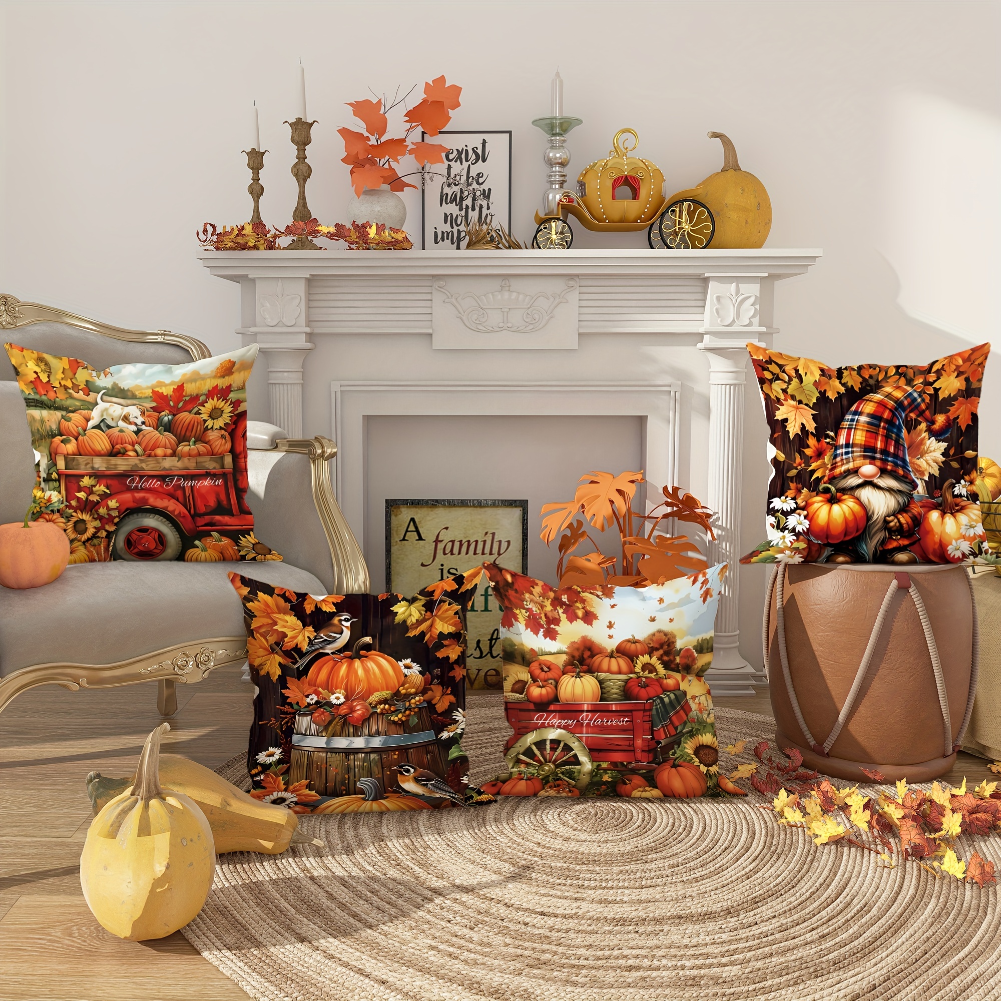 

4-piece Velvet Fall Thanksgiving Throw Pillow Covers - Farmhouse Style With Truck, Gnome & Pumpkin Designs, 18x18 Inch, Perfect For Autumn Home Decor