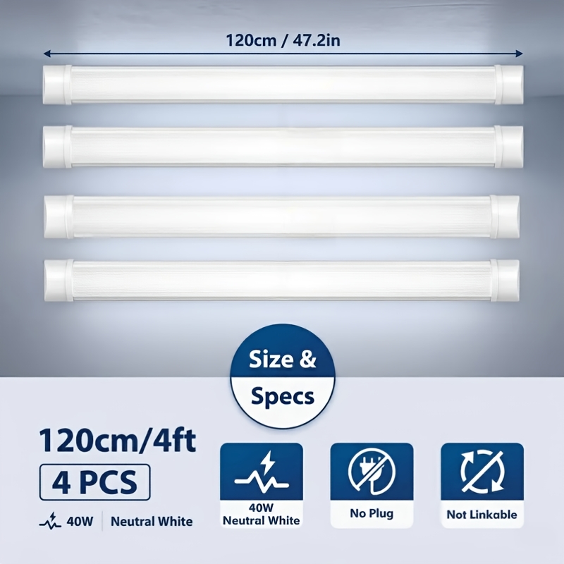 4pcs 120cm Led Shop Light 40w 4500k Neutral White, 4000lm Led Batten Light For Garage, Workshop & Cellar, Ceiling Lamp