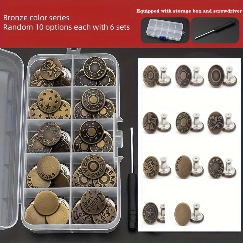 TEMU 60 Sets/box Seamless Button Retro Metal Screw Button Jeans Button Replacement Kit Diy Fastener Nail Button Jeans Button Replacement Random Color