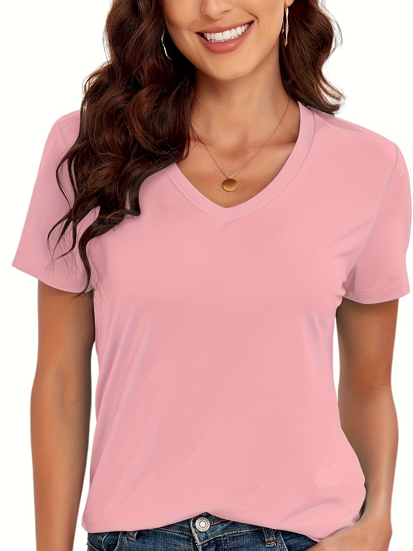 Solid Color Casual Short Sleeve T-shirt, V-Neck Running Sports Tee, Women's Activewear