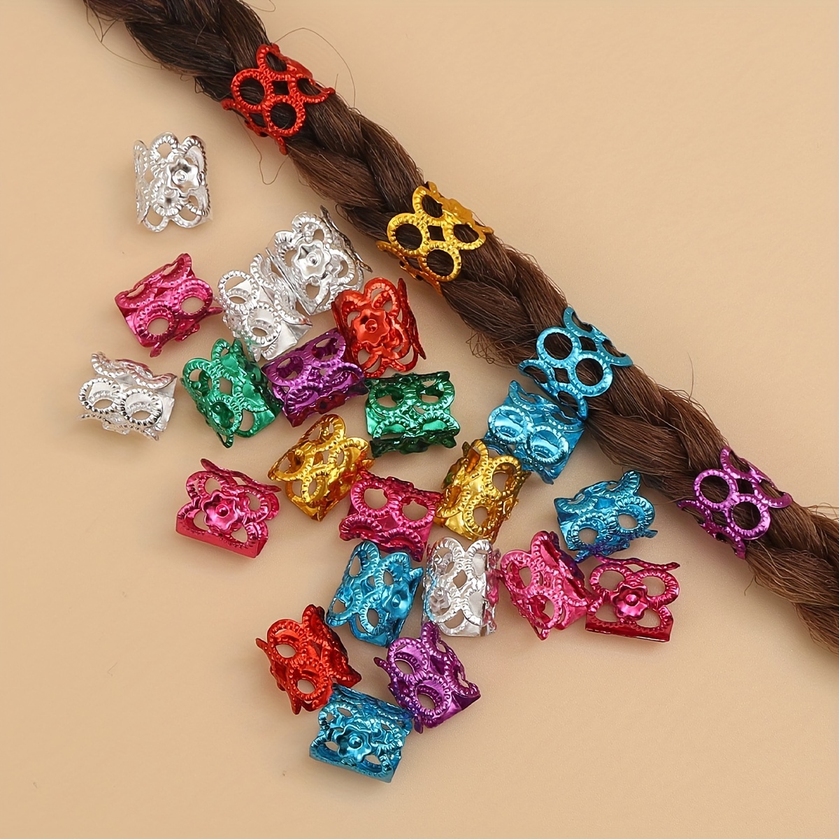 50pcs Golden Silvery Dreadlock Hair Beads Adjustable Hair Ring Braid Cuff Clip For Hair Accessories Extensions Beauty Tool