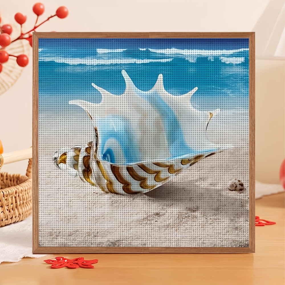 Cross Stitch Kit, Glass Seashell on Sandy Beach Design