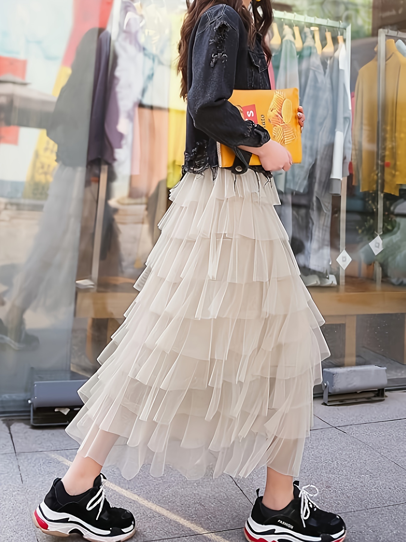 Solid Ruffle Trim Layered Mesh Skirt Versatile High Waist - Temu